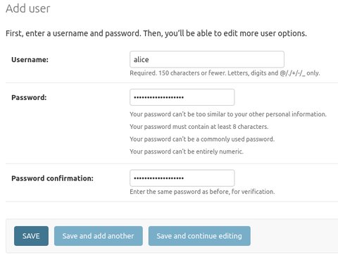 Menu of the administration panel showing the user account creation form