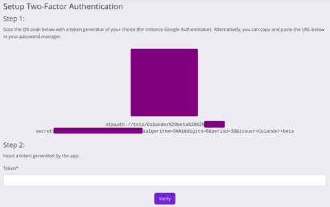 Overview of the form for setting up the 2-factor authentication