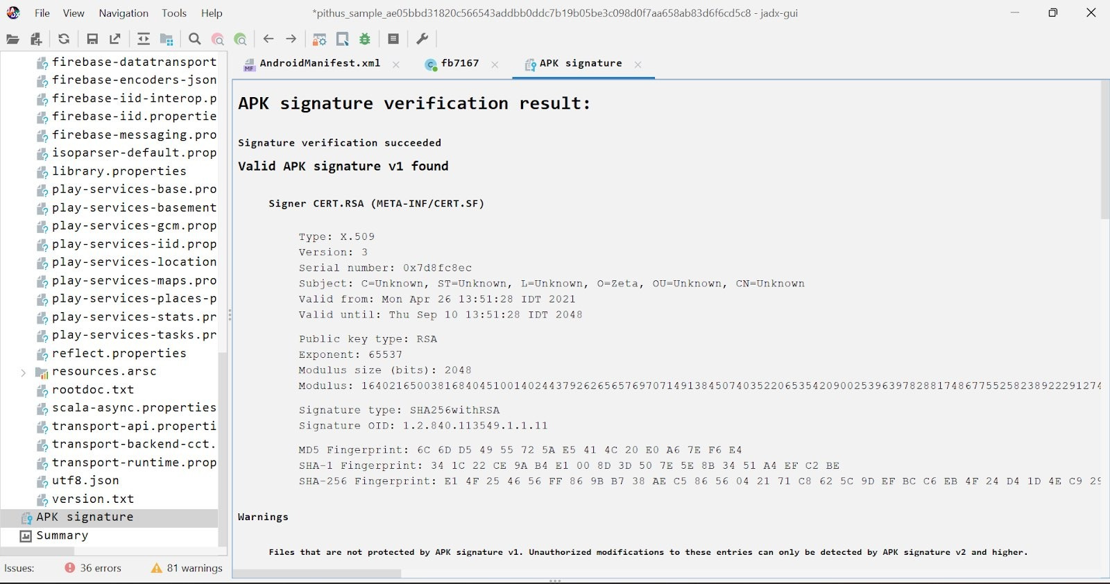 Signing certificate information in jadx