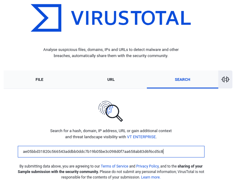 Search for a SHA256 on VirusTotal
