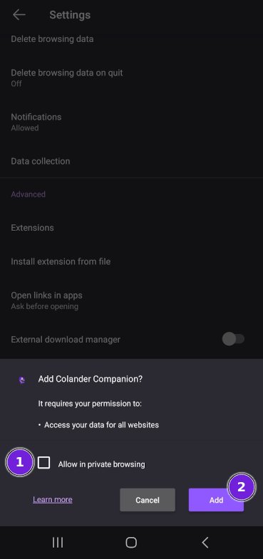 Colander Companion mobile confirmation